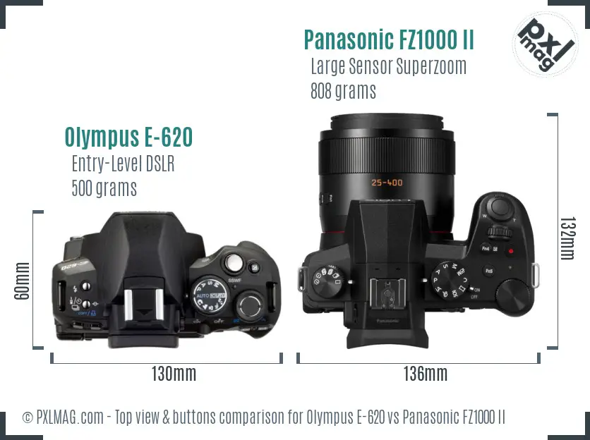 Olympus E-620 vs Panasonic FZ1000 II top view buttons comparison