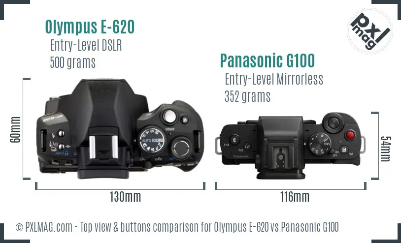 Olympus E-620 vs Panasonic G100 top view buttons comparison