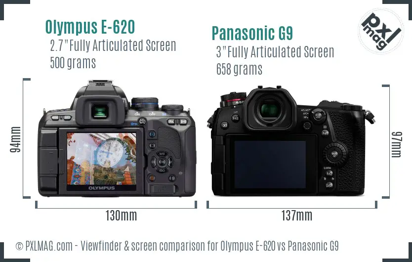 Olympus E-620 vs Panasonic G9 Screen and Viewfinder comparison