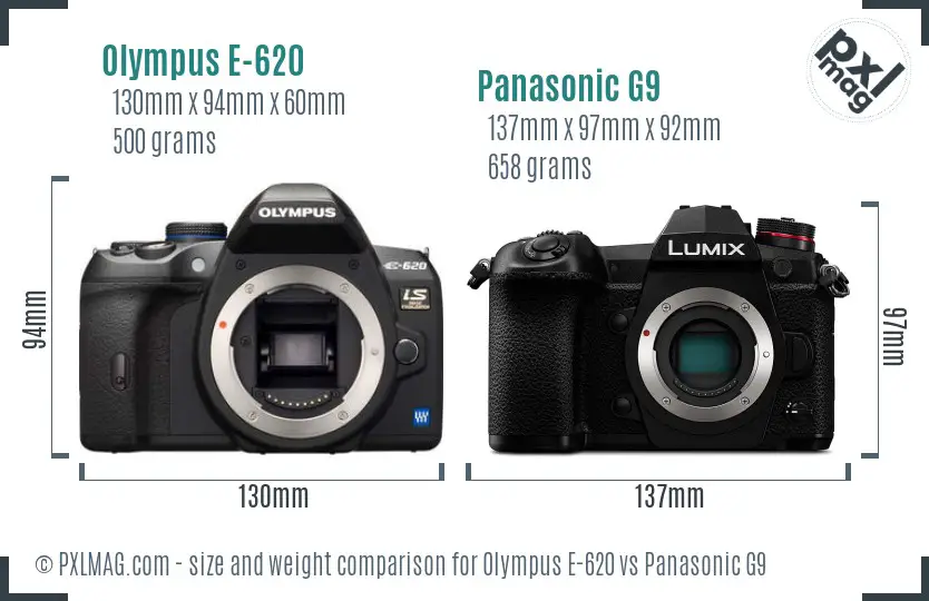 Olympus E-620 vs Panasonic G9 size comparison