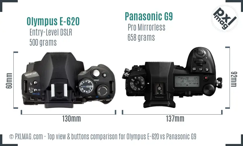 Olympus E-620 vs Panasonic G9 top view buttons comparison
