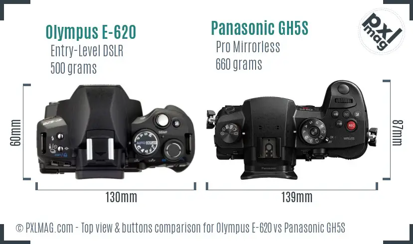 Olympus E-620 vs Panasonic GH5S top view buttons comparison