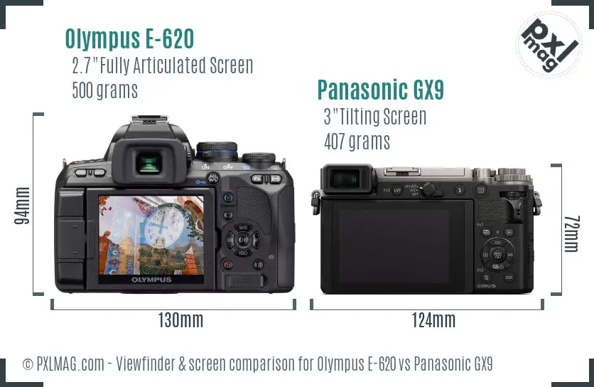 Olympus E-620 vs Panasonic GX9 Screen and Viewfinder comparison