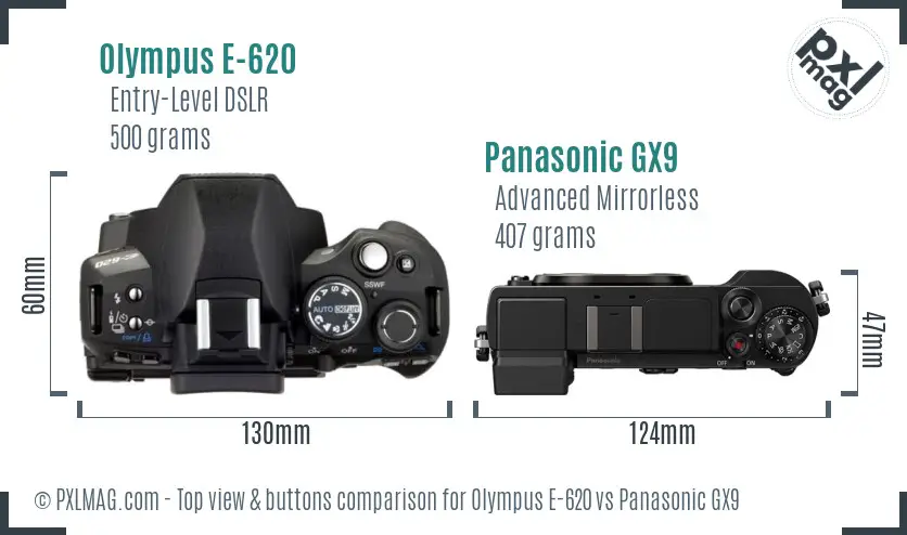 Olympus E-620 vs Panasonic GX9 top view buttons comparison