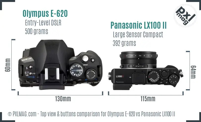 Olympus E-620 vs Panasonic LX100 II top view buttons comparison