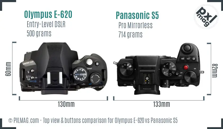 Olympus E-620 vs Panasonic S5 top view buttons comparison