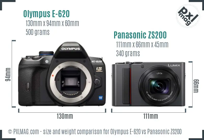 Olympus E-620 vs Panasonic ZS200 size comparison