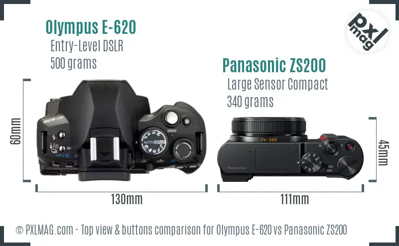 Olympus E-620 vs Panasonic ZS200 top view buttons comparison