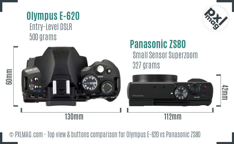 Olympus E-620 vs Panasonic ZS80 top view buttons comparison