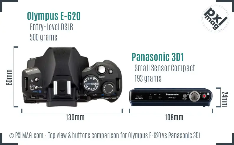 Olympus E-620 vs Panasonic 3D1 top view buttons comparison