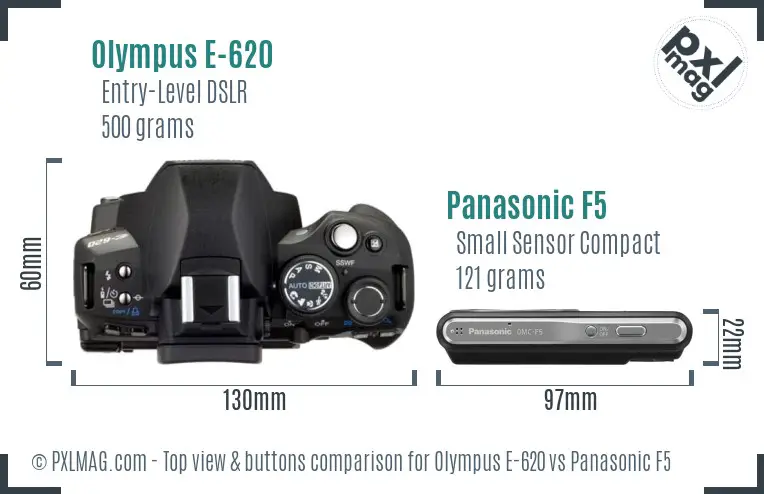 Olympus E-620 vs Panasonic F5 top view buttons comparison