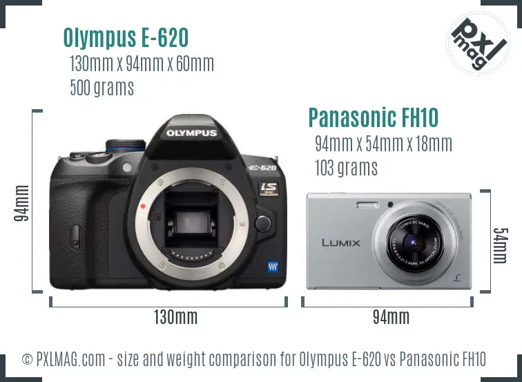 Olympus E-620 vs Panasonic FH10 size comparison