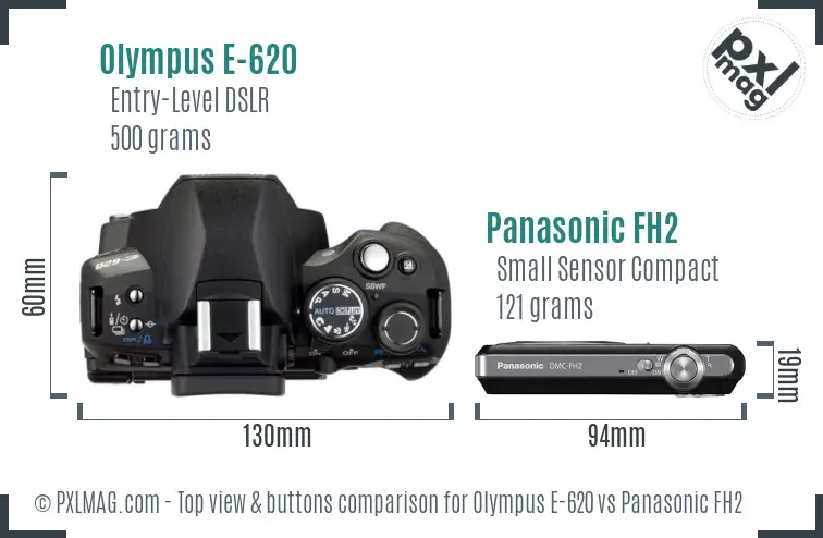 Olympus E-620 vs Panasonic FH2 top view buttons comparison