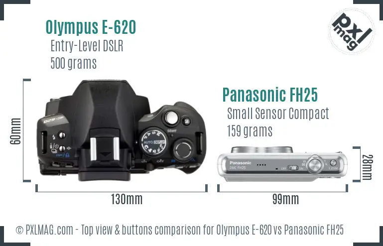 Olympus E-620 vs Panasonic FH25 top view buttons comparison