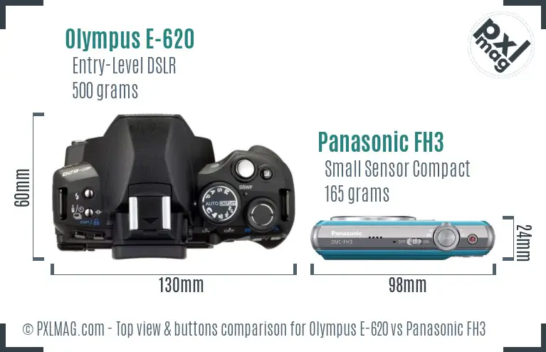 Olympus E-620 vs Panasonic FH3 top view buttons comparison