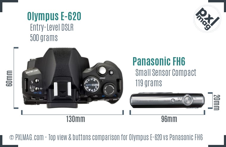 Olympus E-620 vs Panasonic FH6 top view buttons comparison