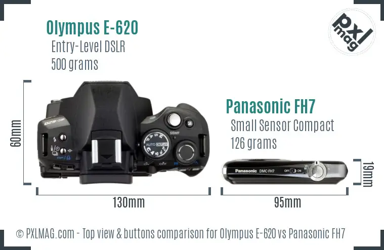 Olympus E-620 vs Panasonic FH7 top view buttons comparison