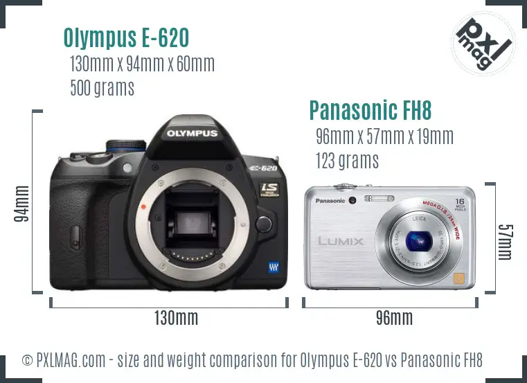 Olympus E-620 vs Panasonic FH8 size comparison