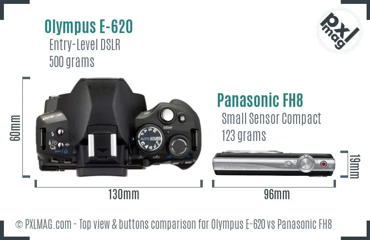 Olympus E-620 vs Panasonic FH8 top view buttons comparison