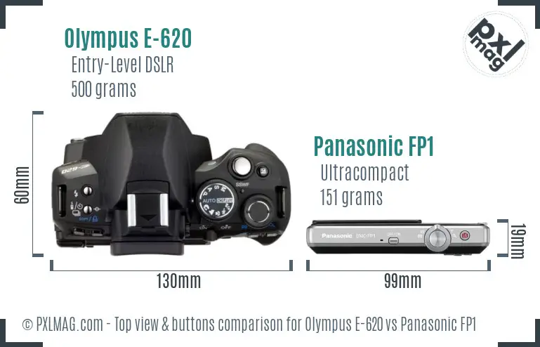 Olympus E-620 vs Panasonic FP1 top view buttons comparison