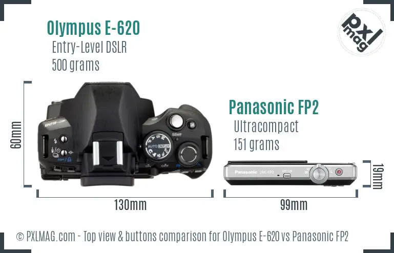 Olympus E-620 vs Panasonic FP2 top view buttons comparison