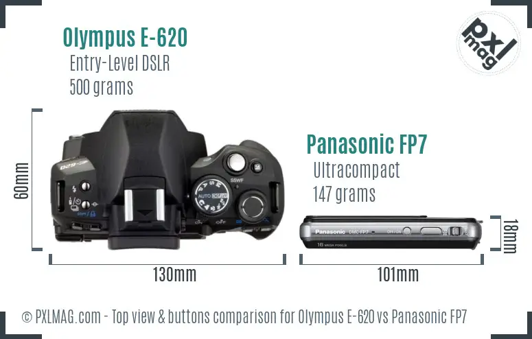 Olympus E-620 vs Panasonic FP7 top view buttons comparison