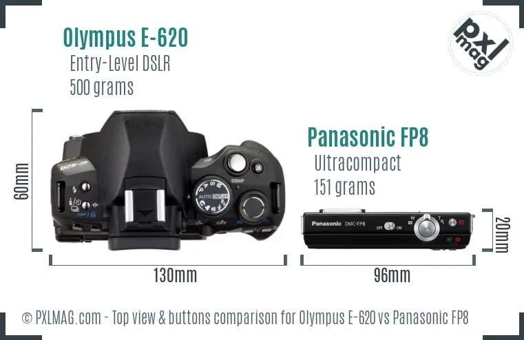 Olympus E-620 vs Panasonic FP8 top view buttons comparison