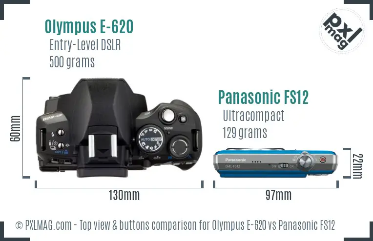 Olympus E-620 vs Panasonic FS12 top view buttons comparison