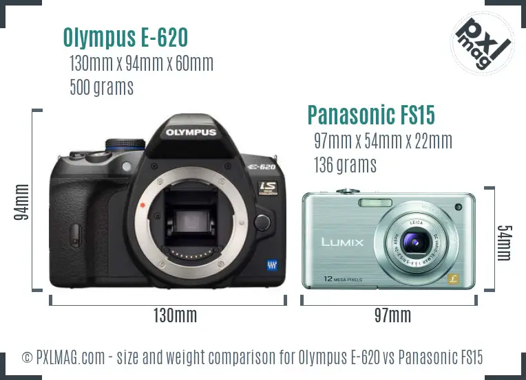 Olympus E-620 vs Panasonic FS15 size comparison