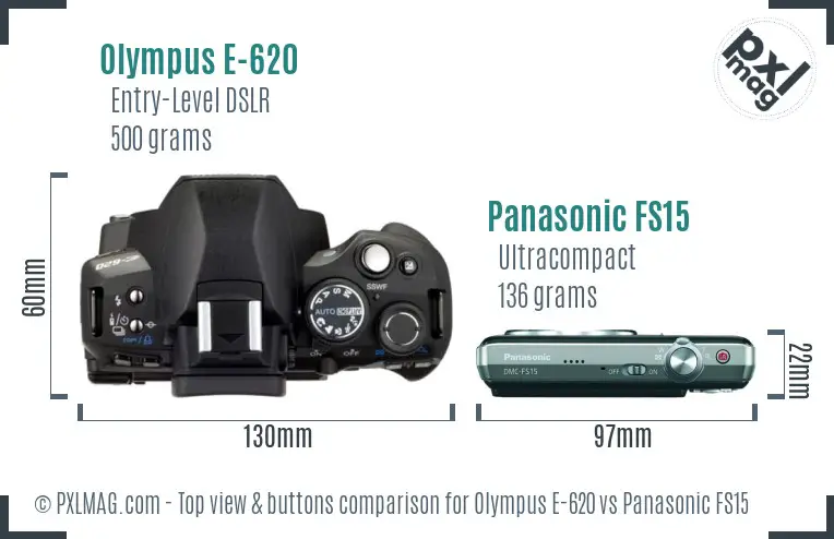 Olympus E-620 vs Panasonic FS15 top view buttons comparison