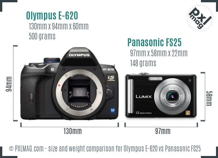 Olympus E-620 vs Panasonic FS25 size comparison