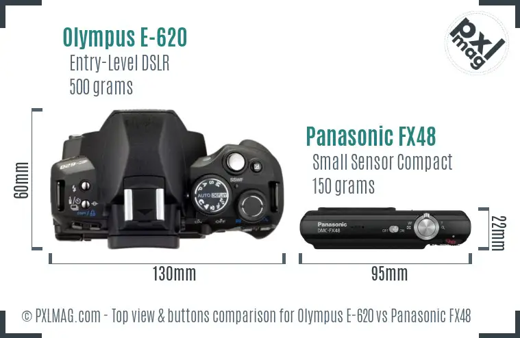 Olympus E-620 vs Panasonic FX48 top view buttons comparison