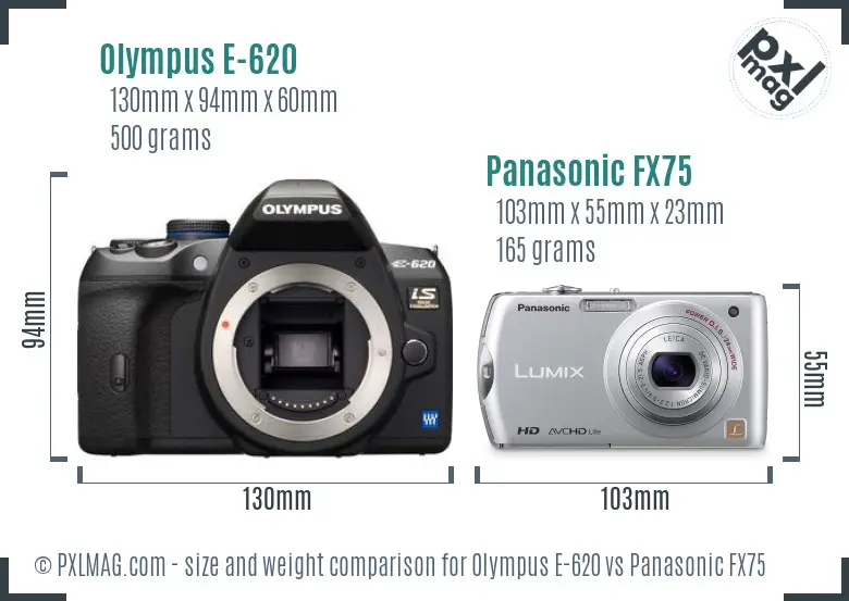 Olympus E-620 vs Panasonic FX75 size comparison