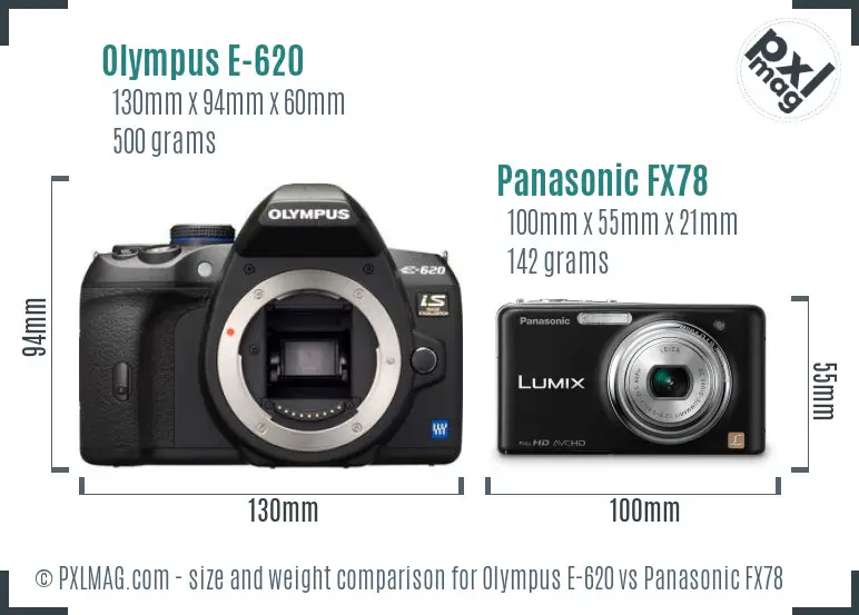 Olympus E-620 vs Panasonic FX78 size comparison