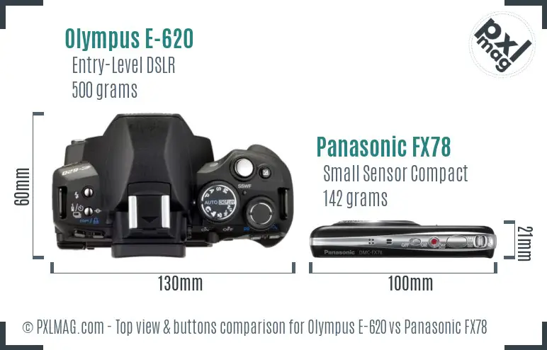Olympus E-620 vs Panasonic FX78 top view buttons comparison