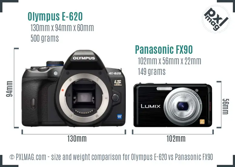 Olympus E-620 vs Panasonic FX90 size comparison