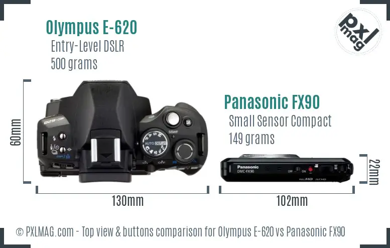 Olympus E-620 vs Panasonic FX90 top view buttons comparison