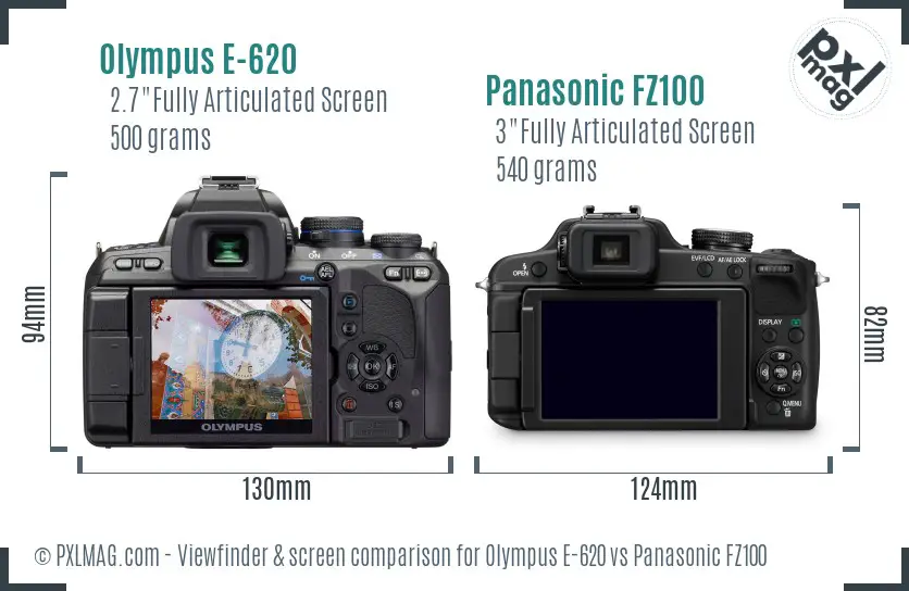 Olympus E-620 vs Panasonic FZ100 Screen and Viewfinder comparison