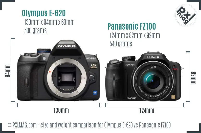 Olympus E-620 vs Panasonic FZ100 size comparison