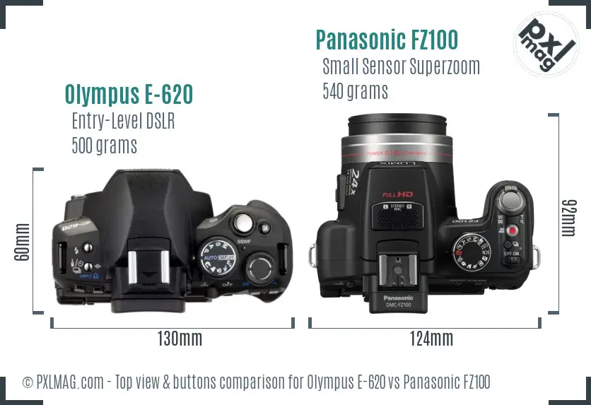Olympus E-620 vs Panasonic FZ100 top view buttons comparison