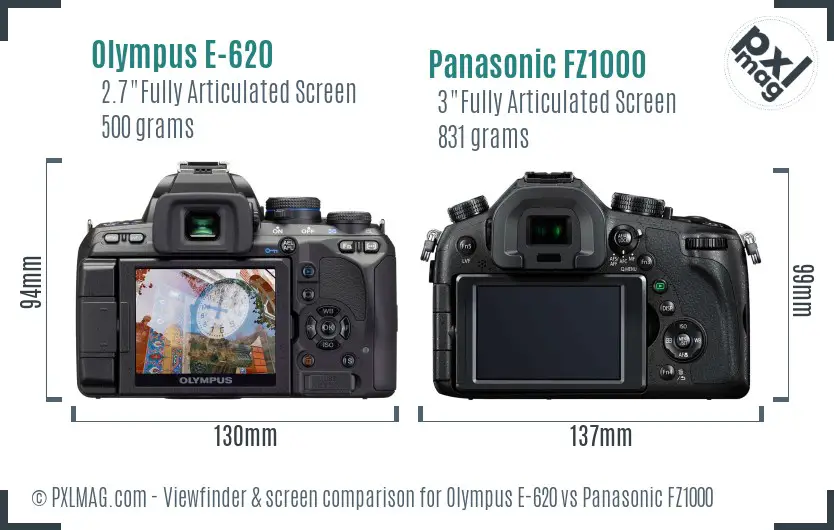 Olympus E-620 vs Panasonic FZ1000 Screen and Viewfinder comparison
