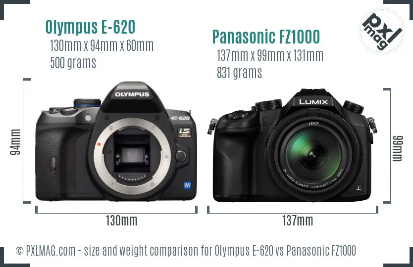 Olympus E-620 vs Panasonic FZ1000 size comparison