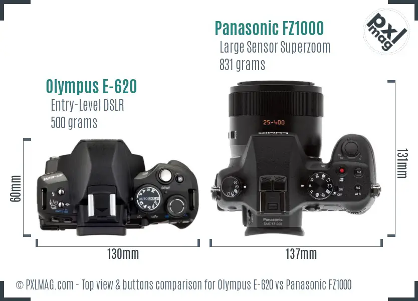 Olympus E-620 vs Panasonic FZ1000 top view buttons comparison