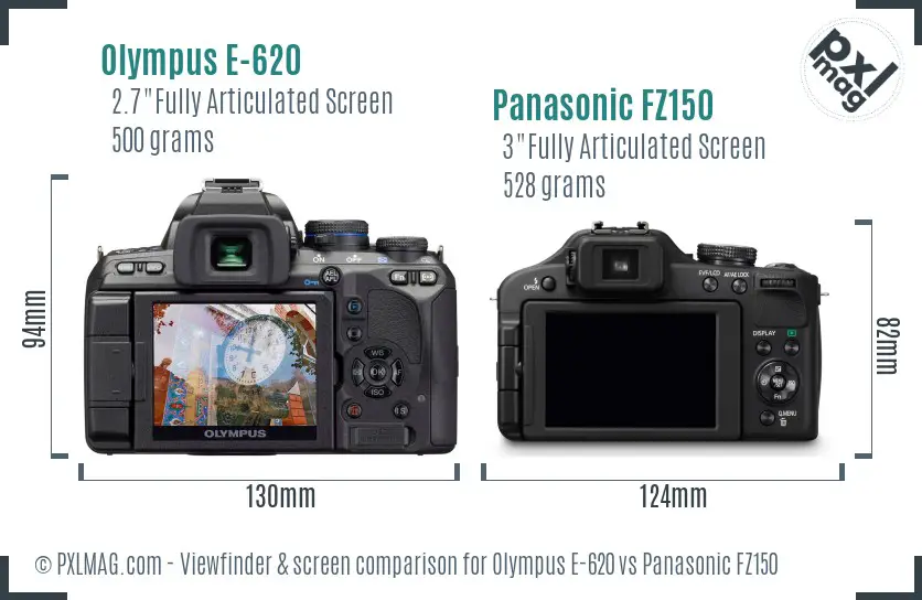 Olympus E-620 vs Panasonic FZ150 Screen and Viewfinder comparison