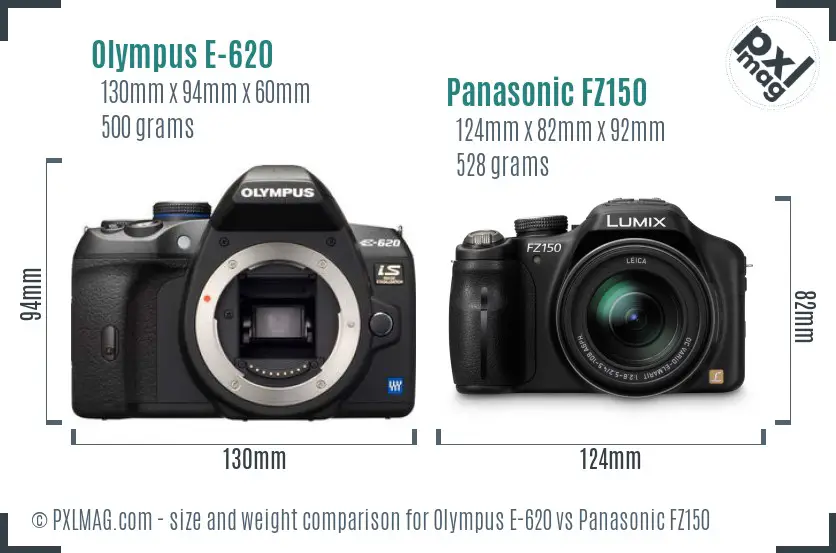Olympus E-620 vs Panasonic FZ150 size comparison