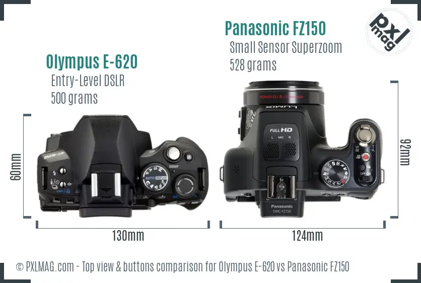 Olympus E-620 vs Panasonic FZ150 top view buttons comparison