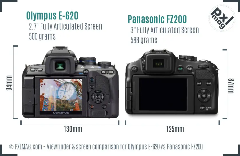 Olympus E-620 vs Panasonic FZ200 Screen and Viewfinder comparison