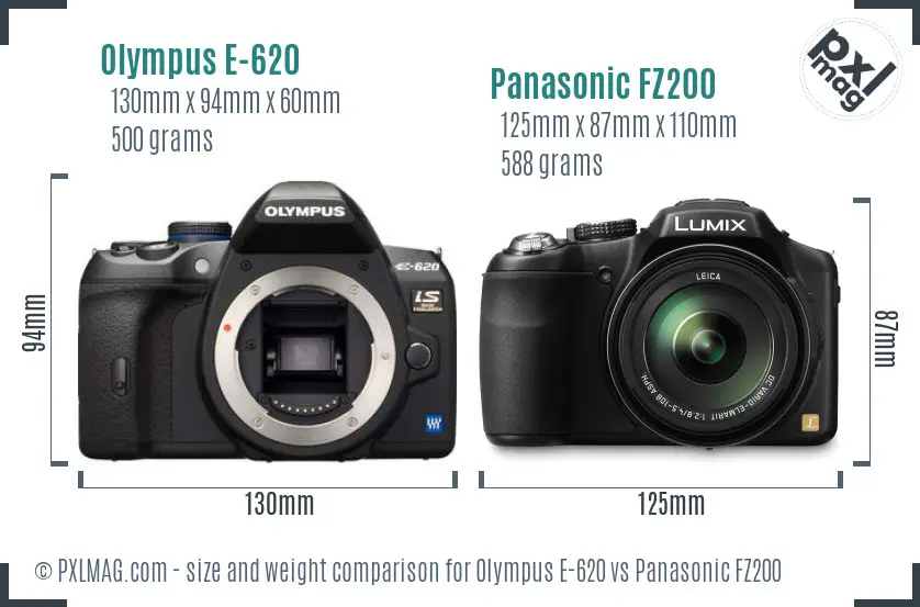 Olympus E-620 vs Panasonic FZ200 size comparison