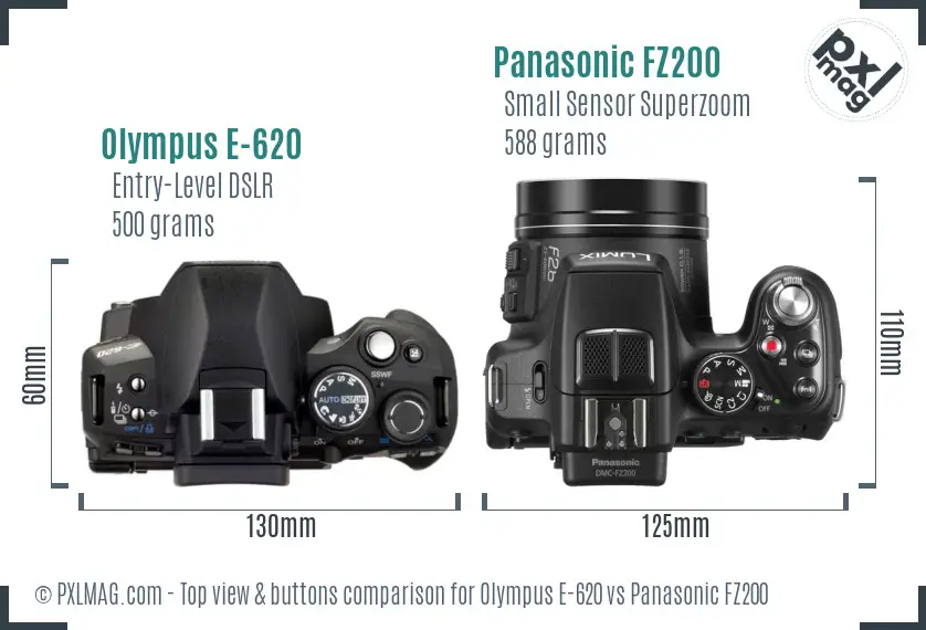 Olympus E-620 vs Panasonic FZ200 top view buttons comparison