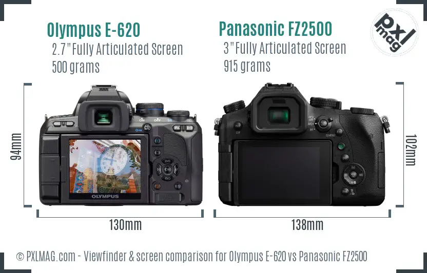 Olympus E-620 vs Panasonic FZ2500 Screen and Viewfinder comparison